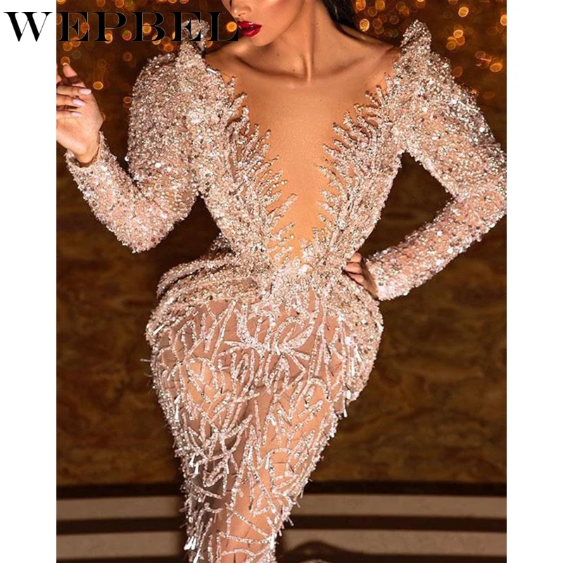 

WEPBEL Women Sexy Sequins Mesh Evening Dress Ladies Elegant Long Sleeve V Neck High Waist Floor Length Party Dress Long Robe
