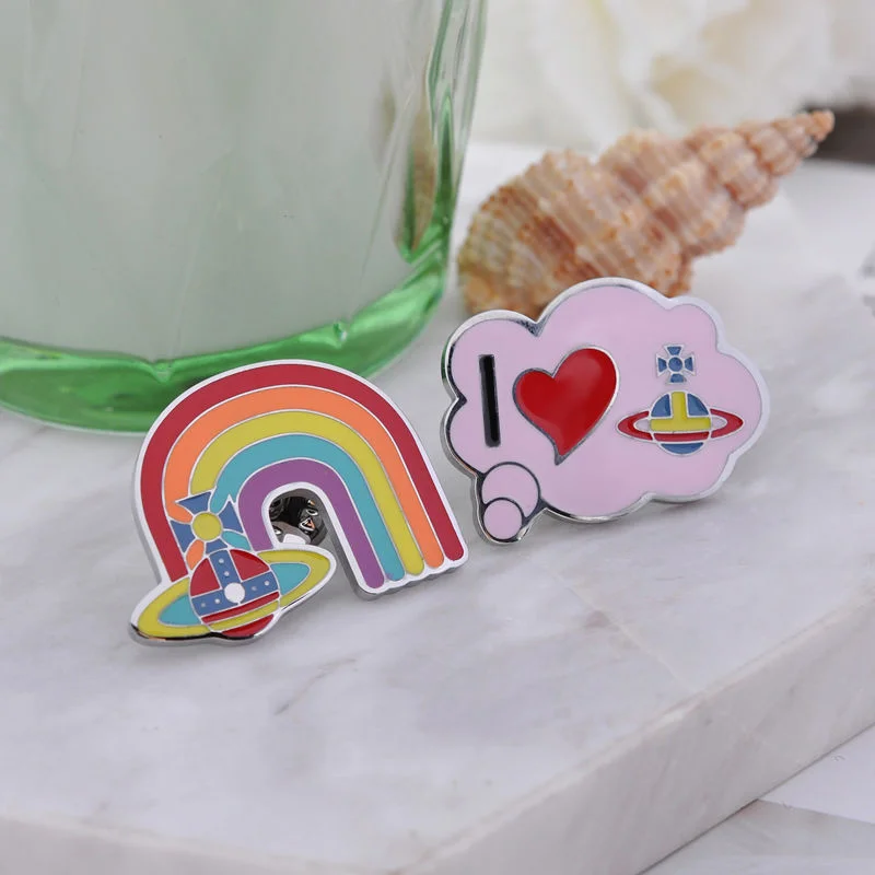

Silver Plated Stainless Steel Cloud Rainbow Pink Enamel Colorful Planet Brooch Women Girl's Collar Pin Jewelry Gift