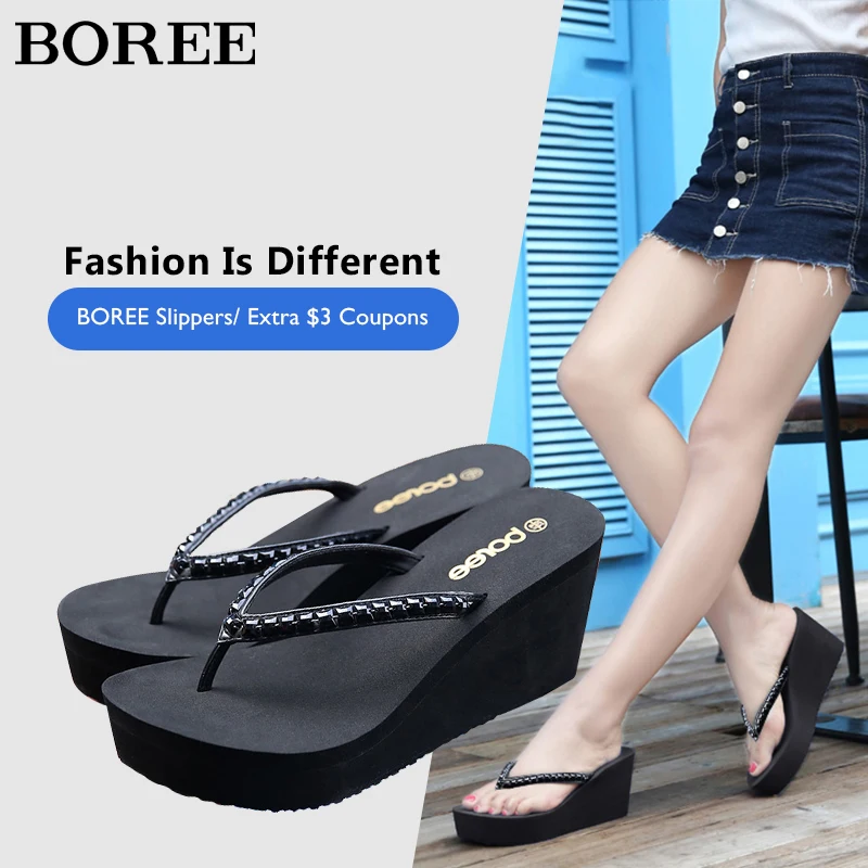 

BOREE Women Shining Crystal Slippers Wedges Platform Flip Flops Beach Vacation Slipper Outdoor Sandals Ladies Fashion Gifts