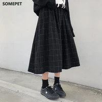 2 colors japanese style high elastic waist long skirts woman autumn winter plaid a line pleated skirts womens