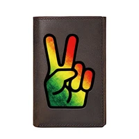 high quality men women wallet genuine leather fashion victory sign printing card holders male slim mini short purse