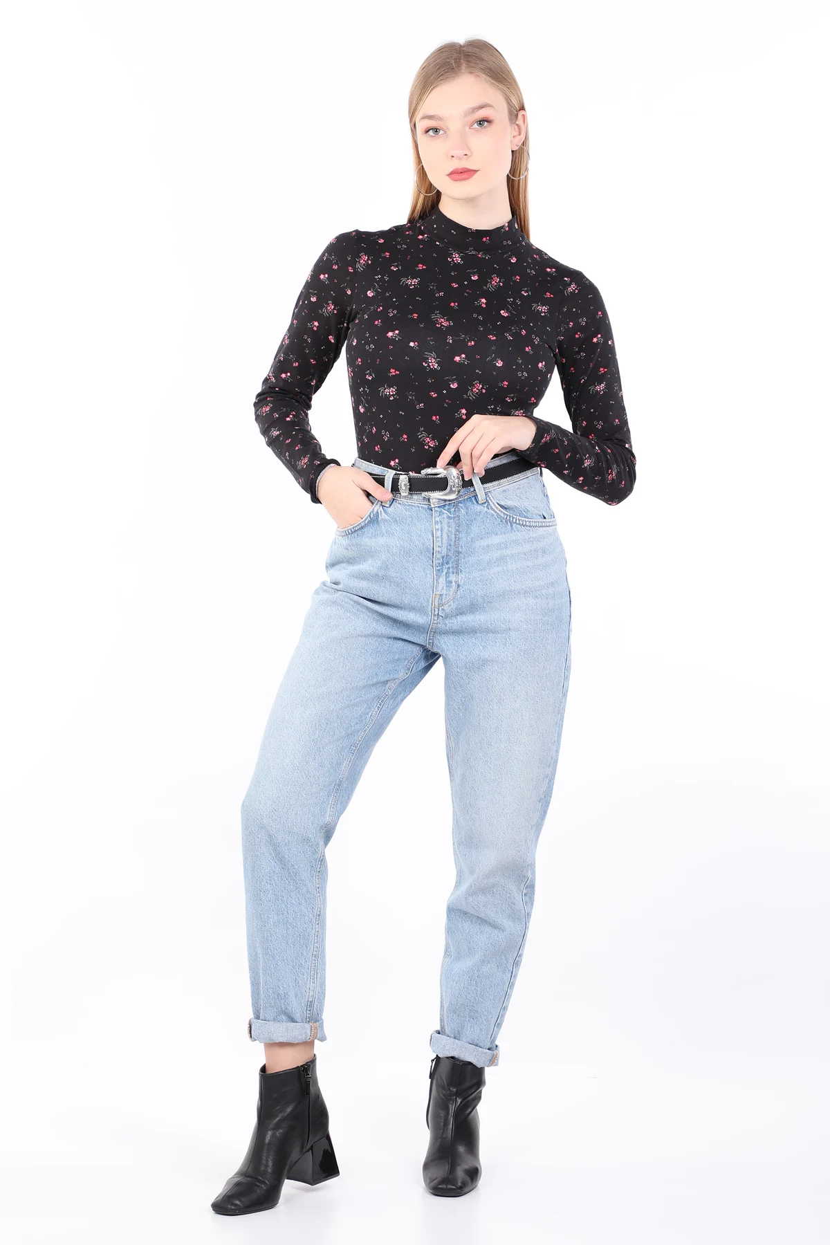 

Womens Black Floral Half Turtleneck Bodysuit