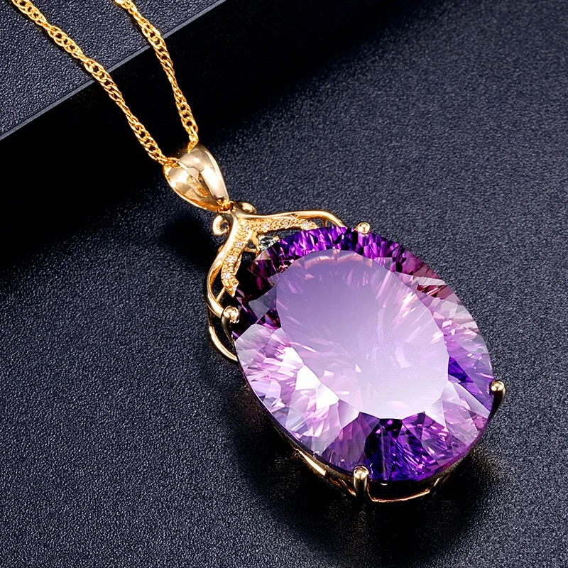 

Luxury Jewelry Female Exaggerated Oval Purple Oversize Zircon Rose Golden Pendant Necklace For Women Wedding Anniversary Choker