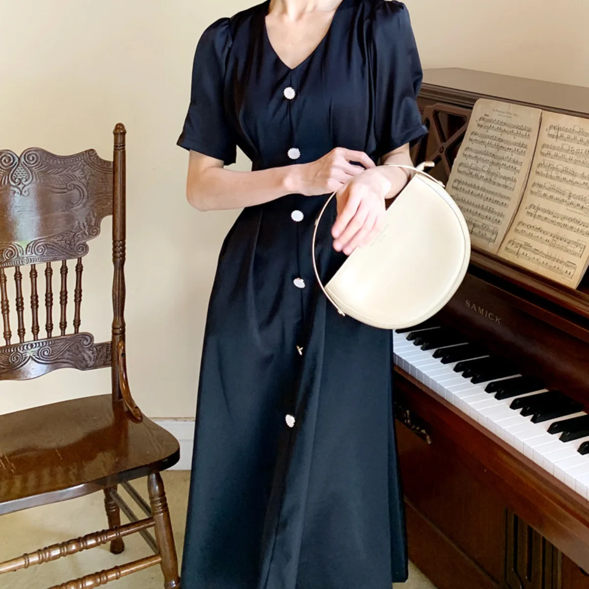 

BacklakeGirls Solid Color Single-breasted High Waist Big Swing Evening Dress Women's V-neck Short Sleeve Long Dress Elegant