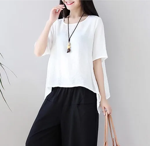 

2021 Summer Casual White Short Sleeve Cotton And Linen T-shirt Women O-neck Loose Shirt Lady Minimalist Tops Female