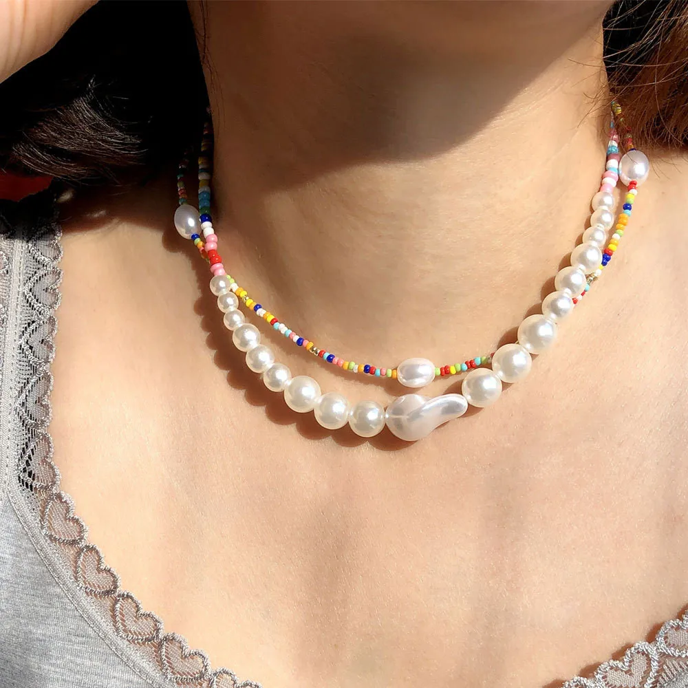 

Ocean Style Natural Pearl Colorful Beaded Link Chain Choker Necklaces Collar Women Stacking Fashion Charm Jewelry Gift Bijoux
