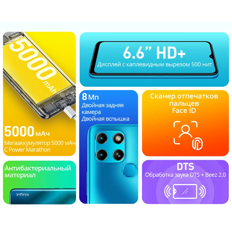 Смартфон Infinix Smart 6 2+32G 500nits 6.6”HD+ 5000 мАч Отпечаток пальца &amp Face ID российская