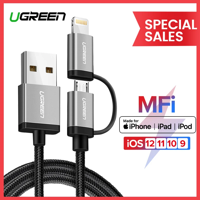 Ugreen 2 в 1 USB кабель для iPhone Pro 11 Max X 8 7 Быстрая зарядка Lightning+ Micro USB кабель для samsung Xiaomi huawei USB шнур