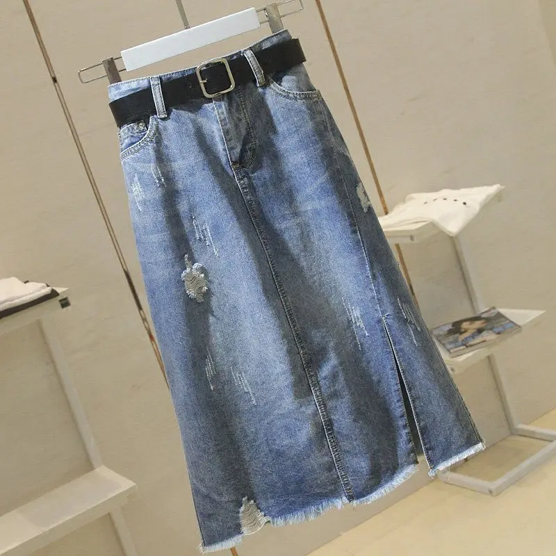 

Summer Autumn New Denim Skirts Plus Size Versatile Slit A-Line Long Skirt Tailored High Waist Slimming Washed Holes Jeans Skirts