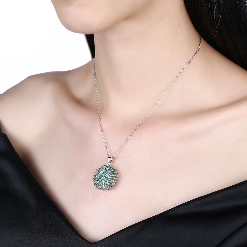

LEKANI Sterling Silver 925 Jewelry Hollow Round Flower Pendant Necklace For Women Trendy Green Full Cubic Zirconia Necklaces