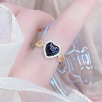 luxury black heart crystal open ring for women temperament noble adjustable bijoux wedding jewelry pendant accessories gift