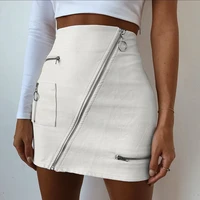 women korean solid color short sexy bodycon skirts stylish pu leather white zipper patchwork skirt high waist skirt mini bottom