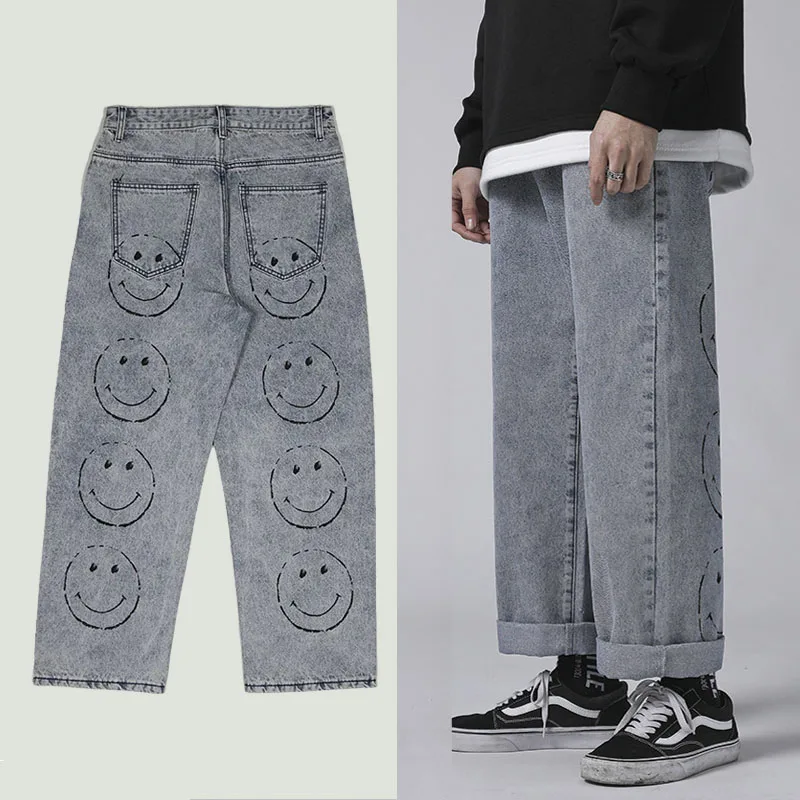 Hip Hop Smile Face Printed Vintage Washed Jeans Mens Harajuku Streetwear Casual Loose Wide Leg Denim Pants Male Fashion Trousers