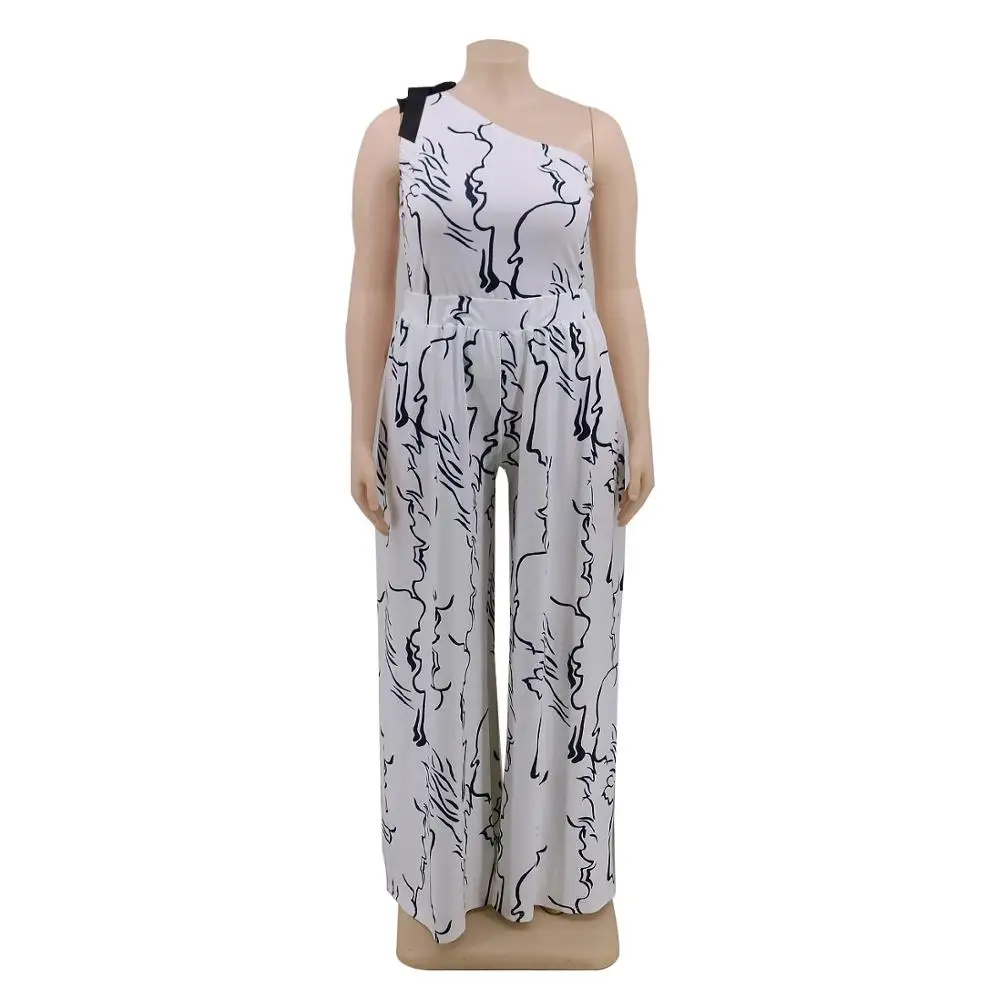 

Latest Printed Women Wide Leg Pants Sets Two Pieces Elegant Plus Size Lady Outfits One Shoulder Crop Top and Loose Pants XL--5XL
