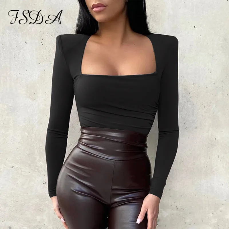 

FSDA Square Neck Long Sleeve Bodysuit Women 2020 Black Autumn Winter Body Top Sexy With Shoulder Paid Casual Rompers Fashion