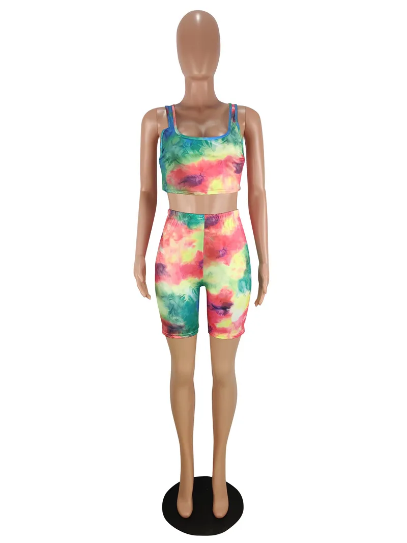 

Two-Piece Sets Top Women Tie Dyeing Print Sleeveless Crop Top High Waist Biker Shorts Pants Workout Clothes Tracksuit Outfit