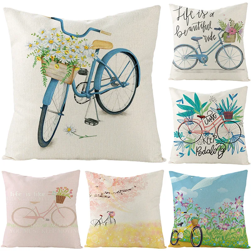 

2021 Popular Pink Cherry Tree Painting Bicycle Printing Pillowcase Bed Decoration Sofa Flower Cushion Cover Living Room Pillow