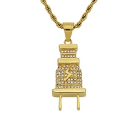 hip hop iced out bling electrical plug pendant necklaces male gold color stainless steel necklace for women men hiphop jewelry
