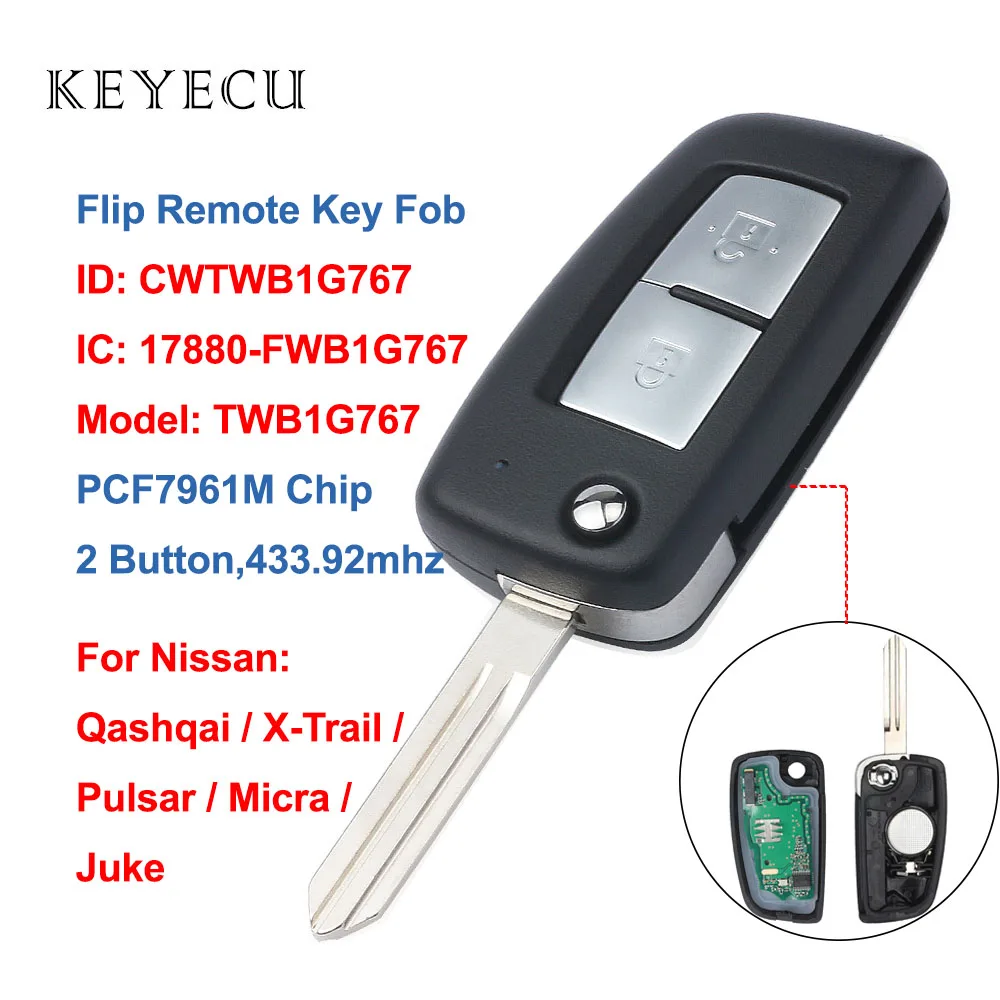 Раскладной модуль Keyecu с 2 кнопками 433 92 МГц чип PCF7961M для Nissan Qashqai X Trail Pulsar Micra Juke
