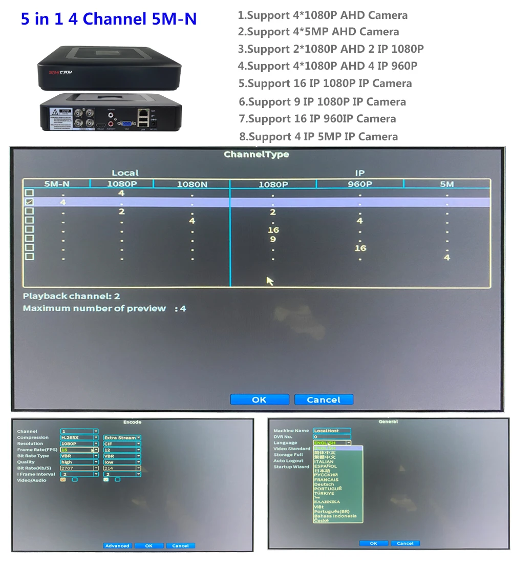 Супер HD 5MP N/1080P гибридный видеорегистратор 5 в 1 DVR H.265X 4/8 каналов поддерживает