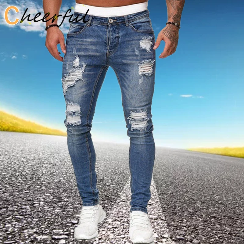 

Мужские рваные узкие джинсы, синие облегающие брюки-карандаш с дырками, байкерские повседневные брюки, уличная одежда 2021, джинсовая мужская...