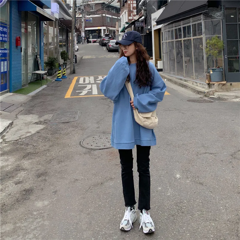 Осень корейский ulzzang мода Свободный Harajuku с длинными рукавами свитер ins простой сплошной цвет o-образным вырезом Повседневная Женская толстовка