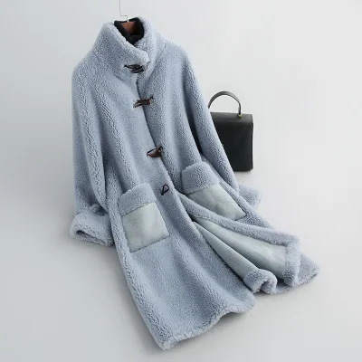 sky blue Длинная оторочка из овечьей шерсти, пальто, женская,, зимняя новая оторочка из овечьей шерсти, один длинный рукав, теплое пальто с мехом, hh00110 - Цвет: sky blue