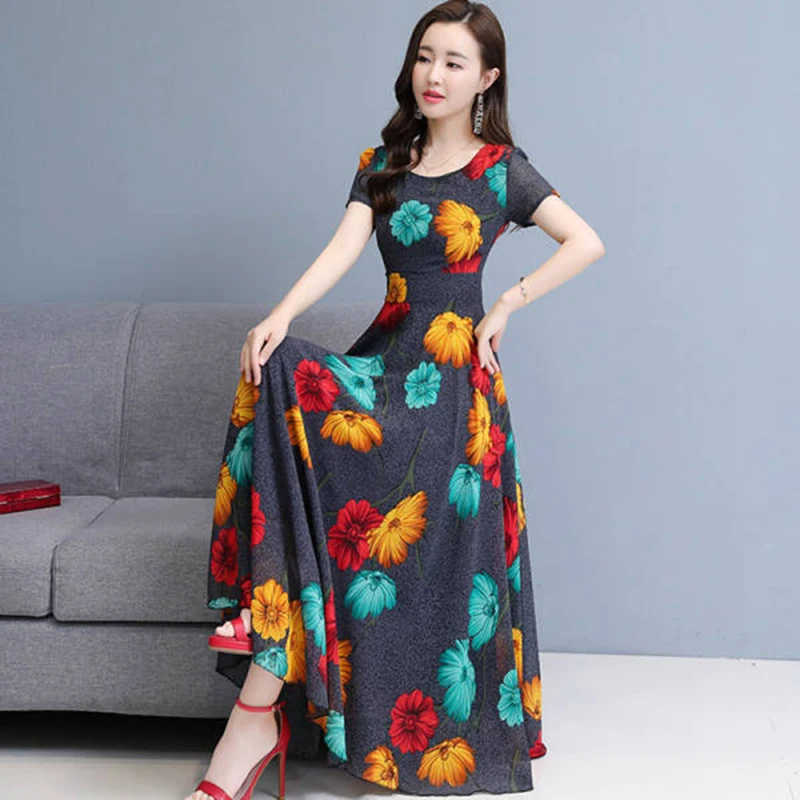

Printed Dresses 2021 Summer Temperament Short Sleeve Flower High Waist Slim Big Size Dress Womans Clothes Blue Black