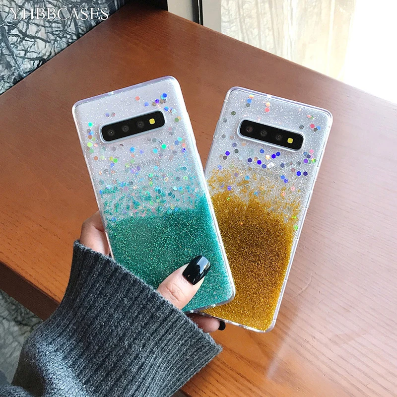 YHBBCASES цветные прозрачные мягкие чехлы с блестками для Samsung Galaxy S20 S10 Plus блестящий