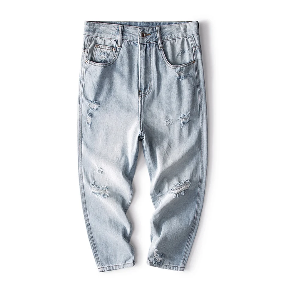 Light-colored 9-point Jeans Men Loose Hole Trend Wild Casual Pants Boys Nine-point Pants Spring Thin Section Denim Jean Ripped