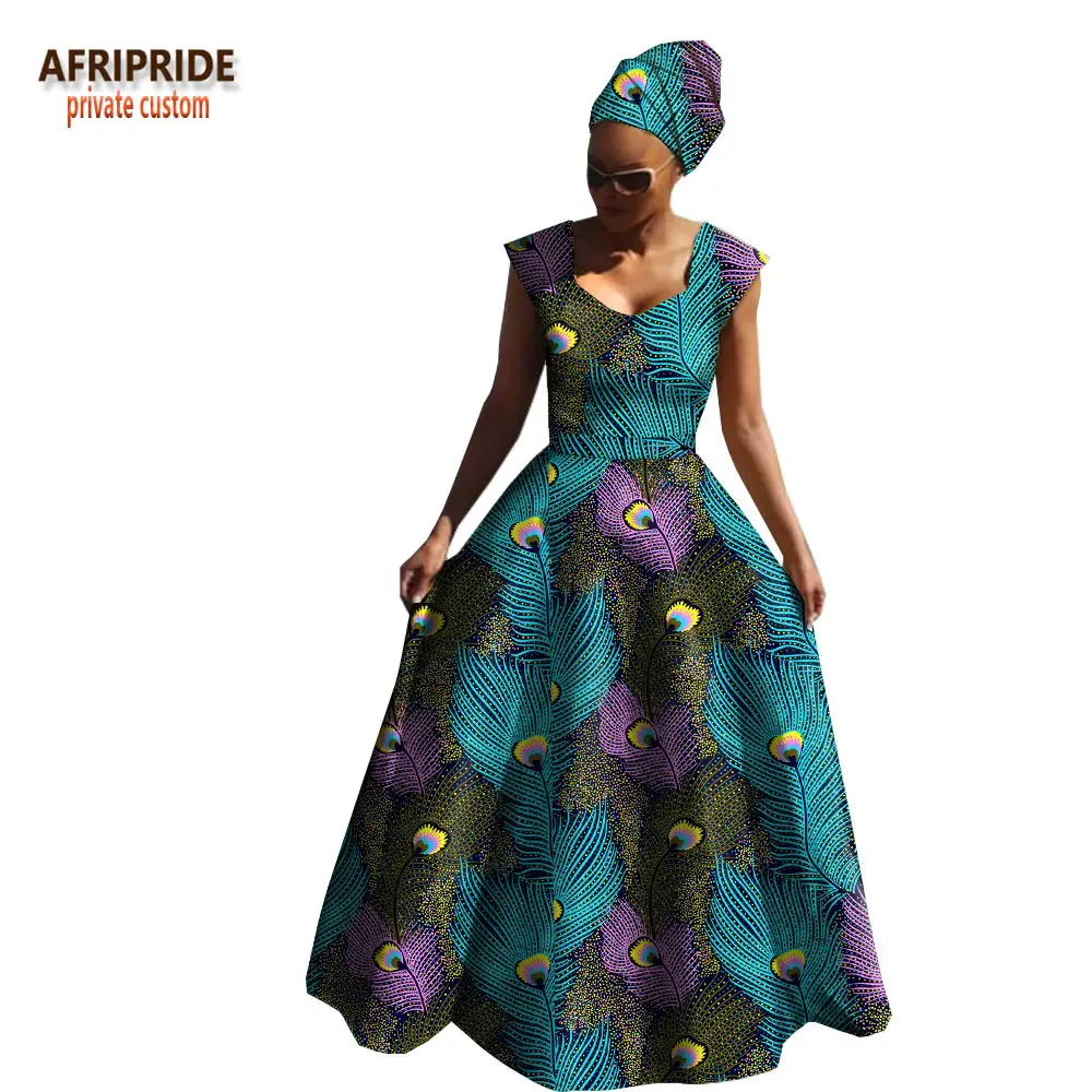 Afripride, Африканское весеннее Хлопковое платье для женщин, без рукавов, v-образный вырез, длина до пола, женское платье с повязкой на голову A1825039 - Цвет: 544J