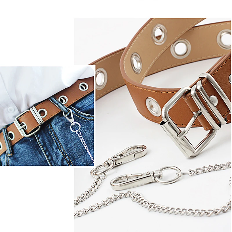 

Women Belt Free Size Fashion Black PU Leather Belt With Chain For Female New Punk Style Pin Buckle Dress Jeans Decorative