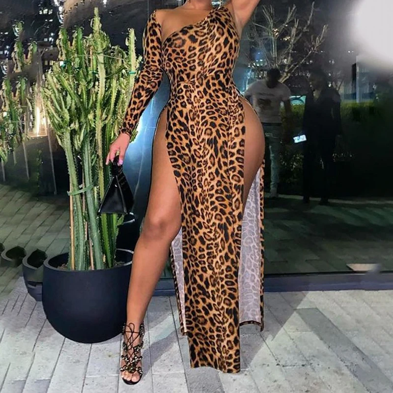 

Women Leopard Printing Long Dress Asymmetrical One Shoulder Fashion Both Side High Split Middle Waist Sexy Summer Party Clothing