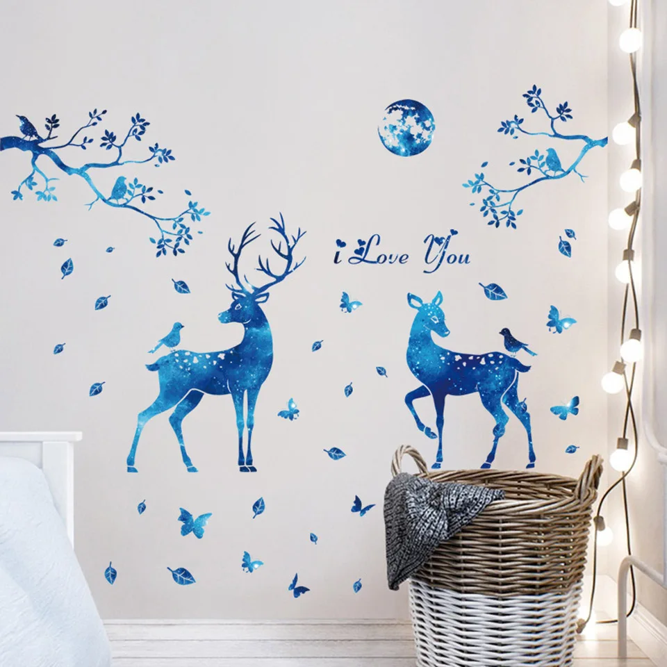 

6 Styles Beautiful Blue Dream Wall Stickers DIY For Kids Room Girls Room Bedroom Decor Flower Tree Deer Wall Decal Dream 60*90CM