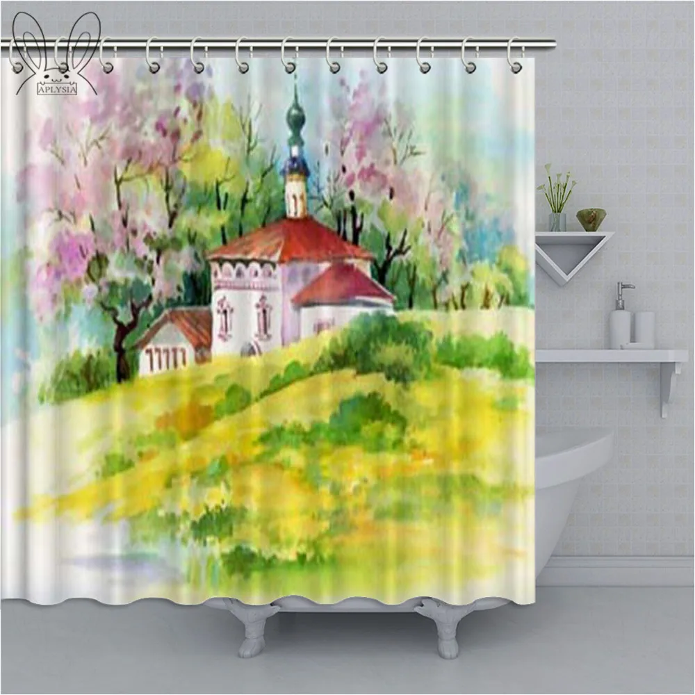 

Watercolor Country scenery Bathroom Curtain Rural View Waterproof Shower Curtain Polyester Fabric Bath Shower Accessories