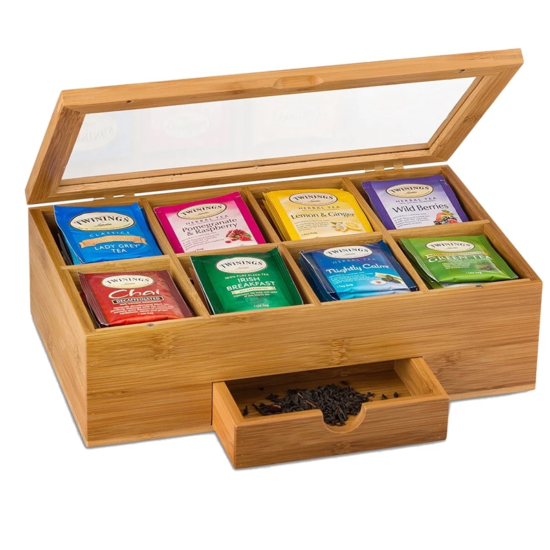 

Tea Organizer Bamboo Tea Box With Small Drawer 100% Natural Bamboo Tea Chest Great Gift For Your Family