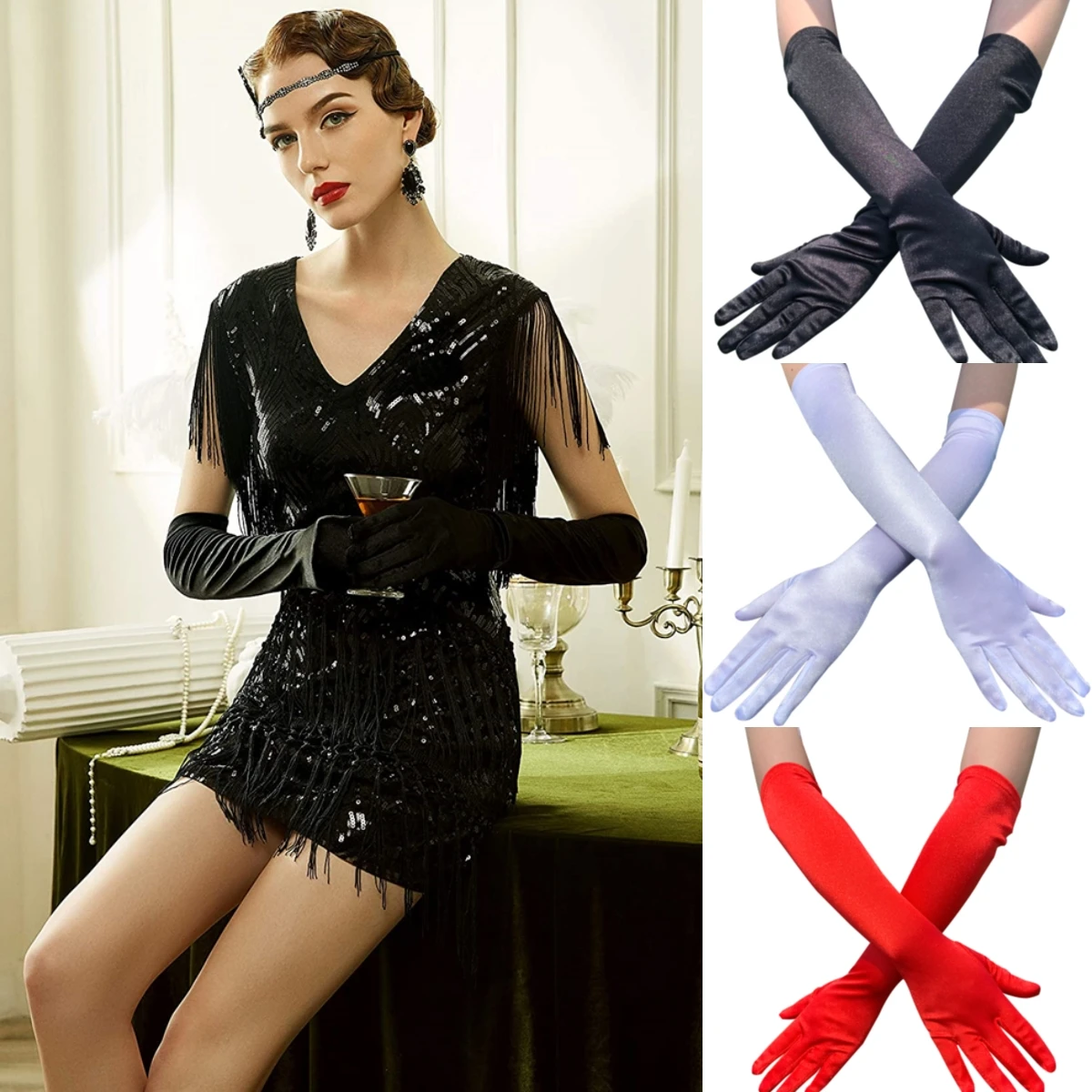 

Long Opera Party 1920s Satin Gloves Stretchy Adult Size Wedding Elbow Length Flapper Evening Bridal Dance Opera for Women