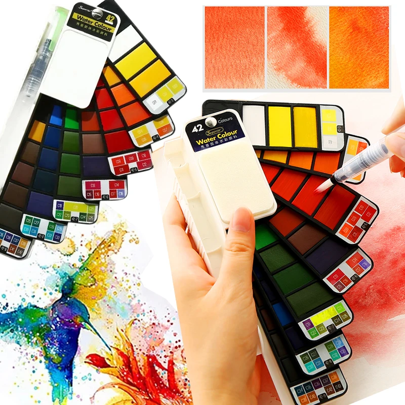 

Superior 18/25/33/42 Colors Solid Watercolor Paint Set With Water Brush Foldable Travel Concentrated Water Color Pigment Drawing