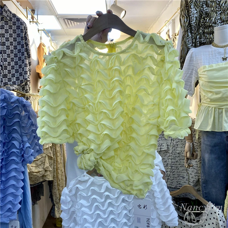 Pull Chemisiers Femmes Nouveau Style Coréen Tout-Match Micro Transparent Ondulé Dentelle Chemise 2021 Printemps et D'été Montre De Sport Mince