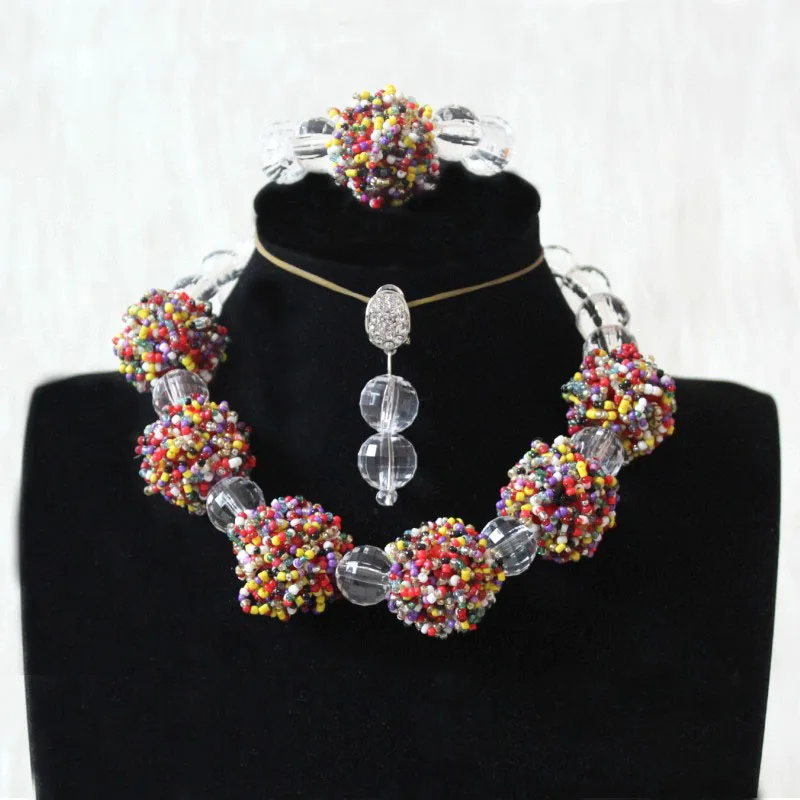 

Dudo African Beads Silver Jewelry Set Crystal Beaded Balls Nigerian Wedding Necklace Bridal Jewelry Sets