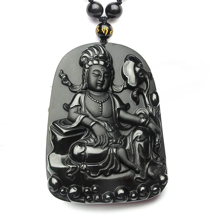 Ожерелье из бусин натурального черного обсидиана ручная работа подвеска