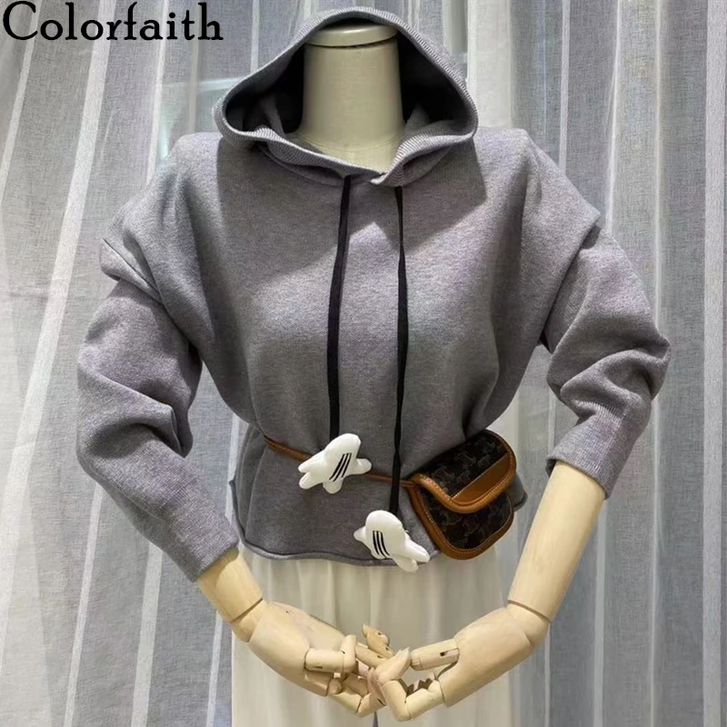 

Colorfaith New 2021 Women Autumn Winter Sweaters Knitted Elegant Hooded Striped Oversized Vintage Pullovers Short Tops SW3113JX