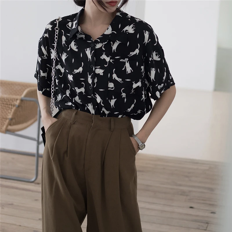 

HziriP Summer Brief Printed Cats Lapel 2021 Vintage Outwear Femme High Street New Short Sleeves Tops OL Students Casual Shirts