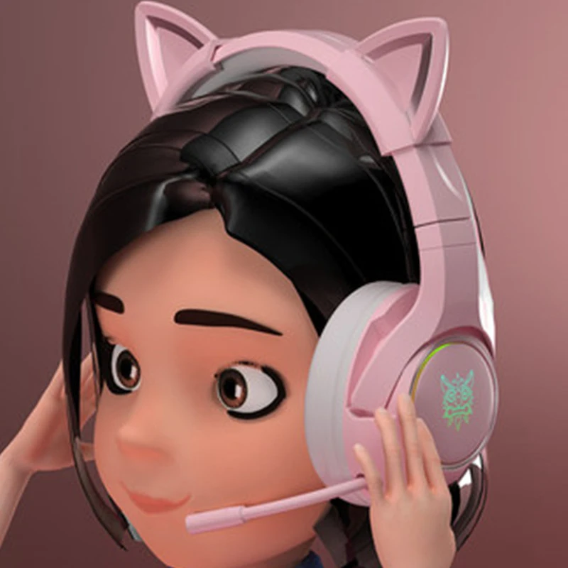 

product K9 pink cat ear cute girl gaming headset with mic ENC noise reduction HiFi 7.1 channel RGB wired headphone