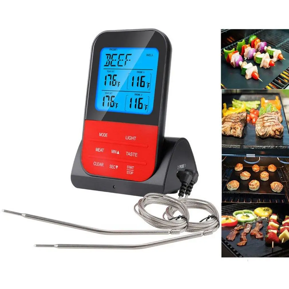 

Беспроводной дистанционный термометр для мяса, Кухонный Термометр с двойным щупом и цифровой подсветкой для приготовления пищи, духовки, б...