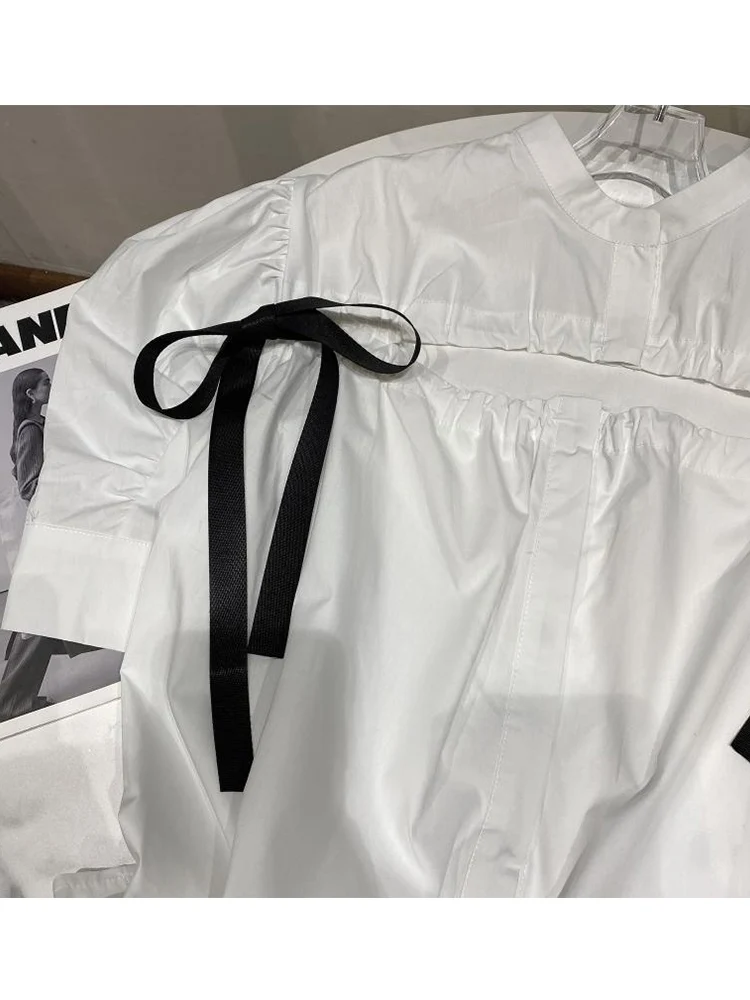 

Retro contrast color bow tie chest drawstring hollow round neck short sleeve shirt ladies summer new fashion all-match top