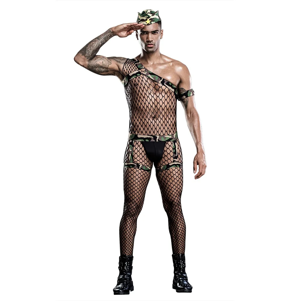 Role Play Mens Sexy Mesh Army Cosplay Uniform Set  Gay Bar Dance Perform Costume Outfit