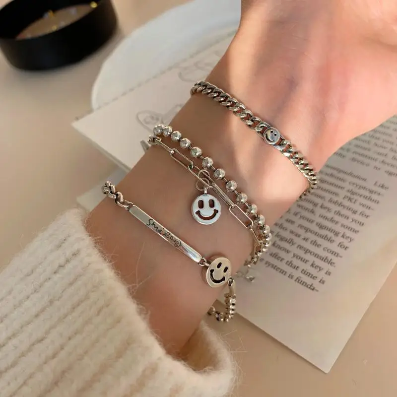 

New Retro Smiley Face Letters Silver Color Handmade Bracelet For Women Girls Dainty Unique Vintage Jewelry Gifts