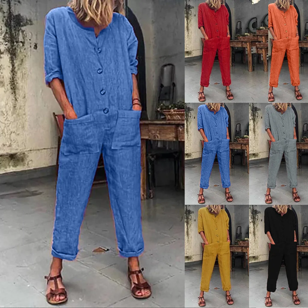 Женские хлопковые и льняные свободные комбинезоны без рукавов с карманами