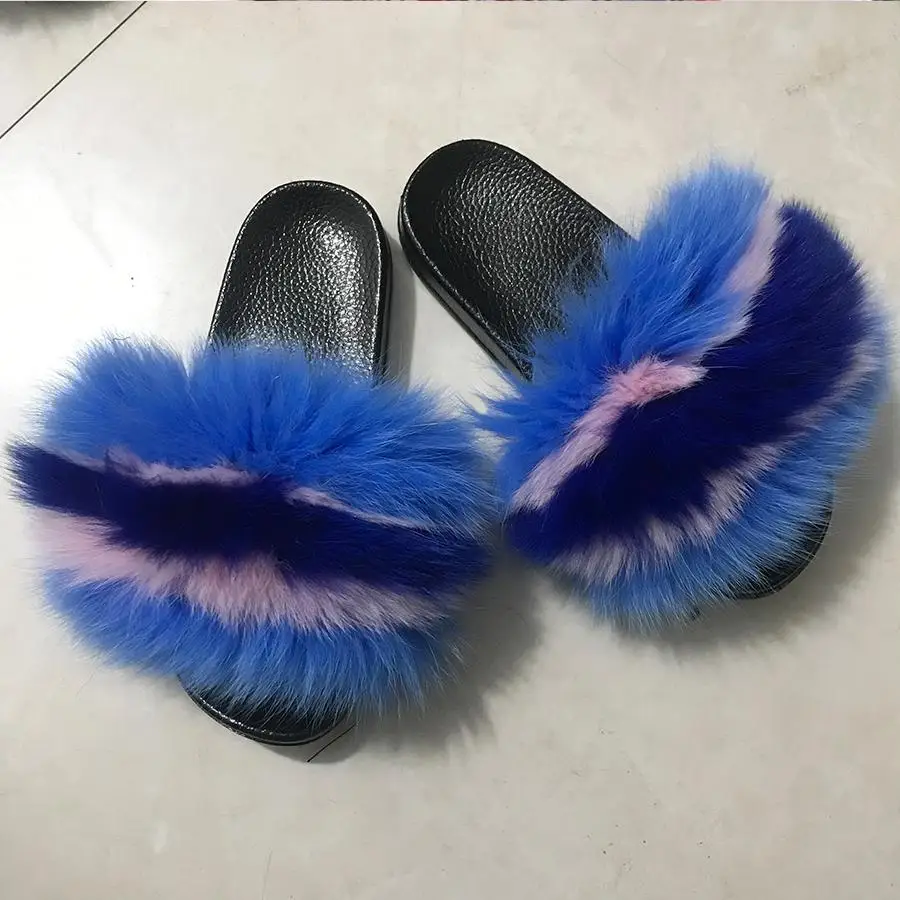 

Hot Sales Furry Slides Ladies Indoor Outdoor Fluffy Slippers Real Fox Fur Sandals